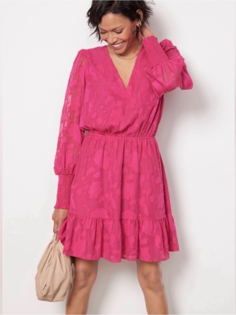 EVEREVE Penelope Dress. Women's V-Neck Long Sleeve Pink Floral Ruffled Dress